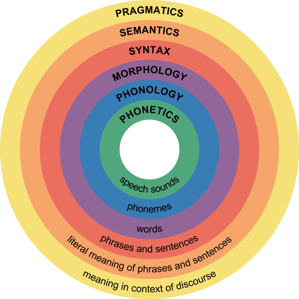Concentric circles show the major levels of linguistic structure. From innermost to outermost they are labeled: phonetics, phonology, morphology, syntax, semantics, pragmatics.
